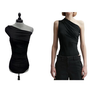 MATERIEL TBILISI Designer Sz S One Shoulder Side Ruched Bodysuit Black NWOT